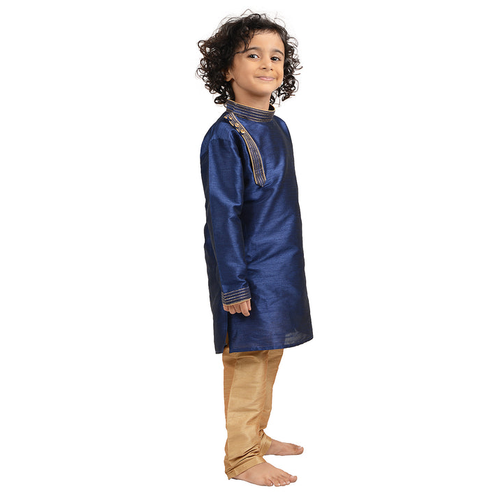 Blue Kids Kurta Set - Art Silk Side Button shown from another side angle, highlighting the rich silk texture and classic silhouette.