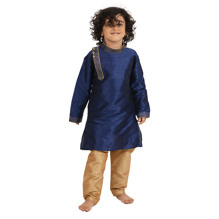 Front-facing Blue Kids Kurta Set - Art Silk Side Button with detailed neckline and side button accents, perfect for festive wear.