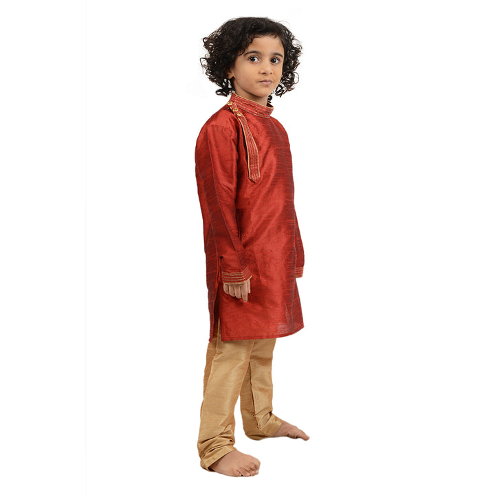 Side view of Red Art Silk Kids Kurta Set - Maharaja showing detailed stitching and elegant fit, perfect for boys' ceremonial clothing.