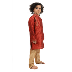 Kids Art Silk Side Button Kurta Pyjama Set in Red for Boys [MSKKP011]