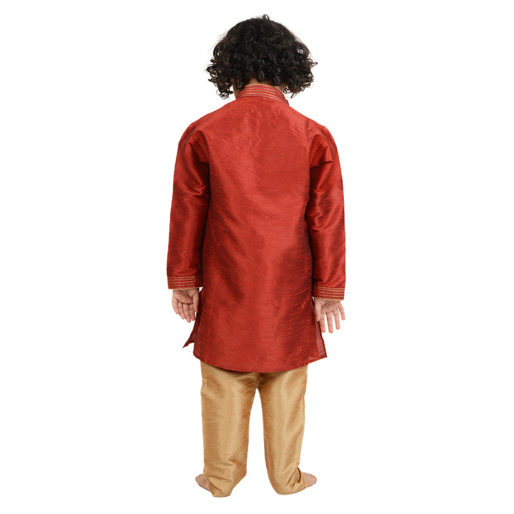 Back view of Red Art Silk Kids Kurta Set - Maharaja showing full-length kurta and churidar, designed for comfort and festive elegance.