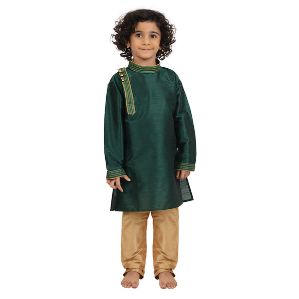 Art Silk Kurta - Kids Kurta Pyjama Set in green with side buttons, featuring a comfortable fit and traditional design for boys.