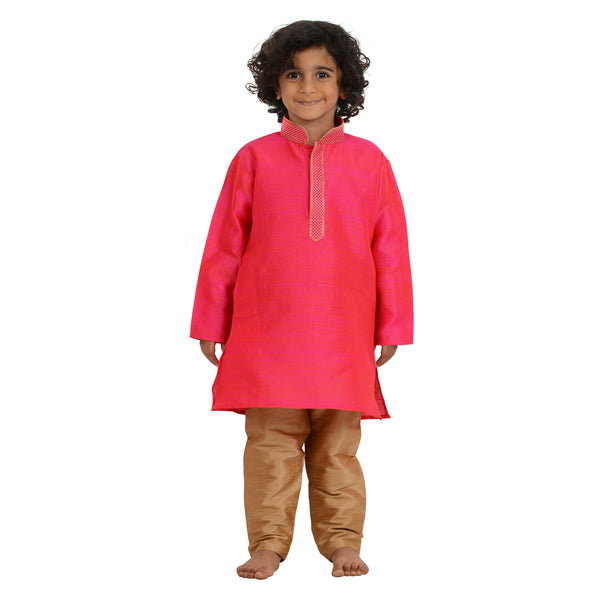 Kids Kurta Set - Art Silk Elegance in pink with gold embroidery, featuring a traditional collar and beige churidar for festive occasions.