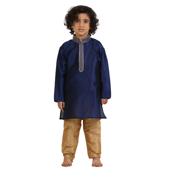 Art Silk Embroidered Kurta - Kids Gold Kurta Set featuring a blue kurta with gold pants, ideal for festive and traditional occasions.