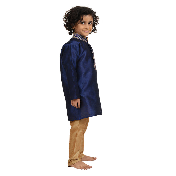 Side view of Art Silk Embroidered Kurta - Kids Gold Kurta Set showing elegant blue kurta and gold churidar for boys' ethnic wear.