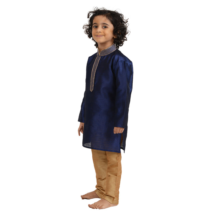 Kids Gold Kurta Set with blue art silk kurta and gold pants, perfect for weddings and celebrations in traditional boys' clothing.