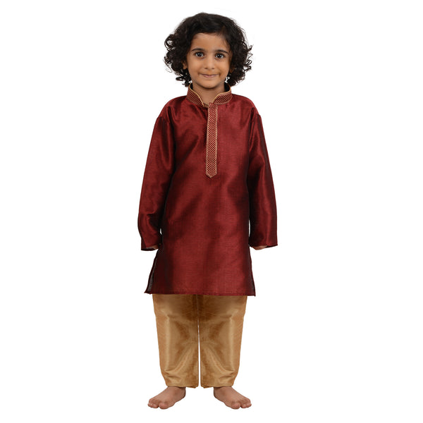 Art Silk Kurta - Kids Gold Embroidered Set in red with golden pants, perfect festive wear for boys in traditional Indian style.