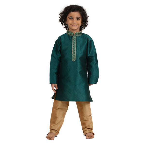 Art Silk Kurta - Kids Gold Embroidered Set in green with beige pants, ideal for festive occasions and traditional wear.
