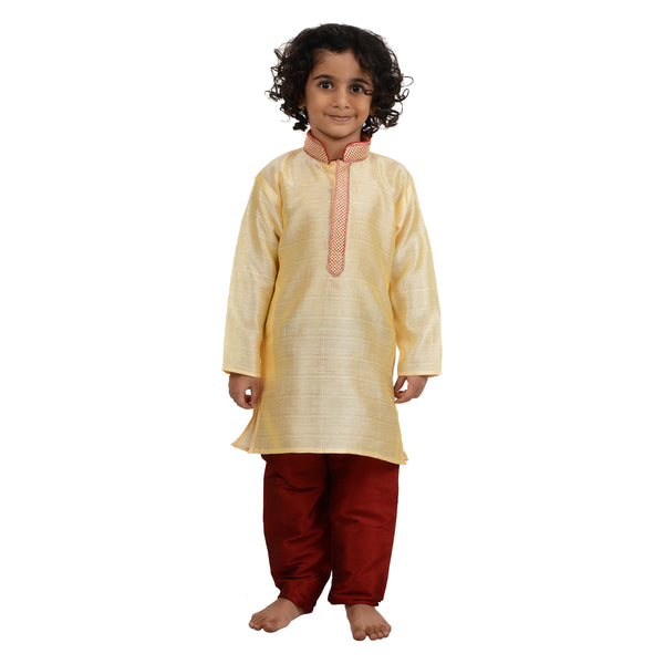 Kids Art Silk Embroidered Kurta Pyjama Set in Gold for Boys [MSKKP018] featuring a gold kurta with red churidar, ideal for festive and traditional wear.