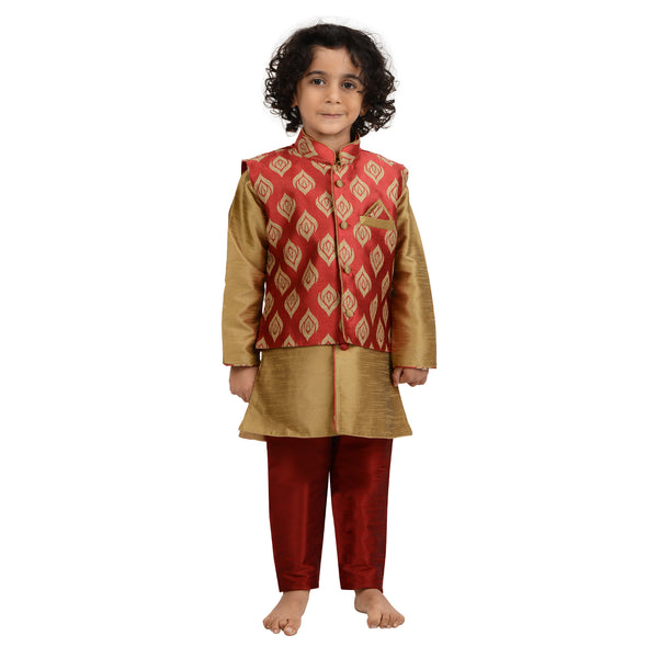 Art Silk Kurta - Kids Kurta Pyjama Set Cotton featuring a red brocade jacket and gold kurta, ideal for festive and ceremonial wear.