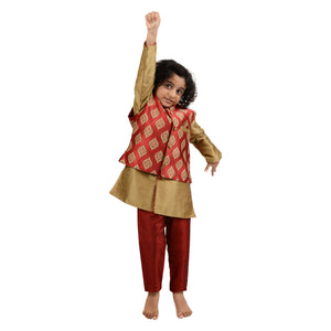 Kids Art Silk Kurta Pyjama and Brocade Jacket Set in Red for Boys [MSKKP019]