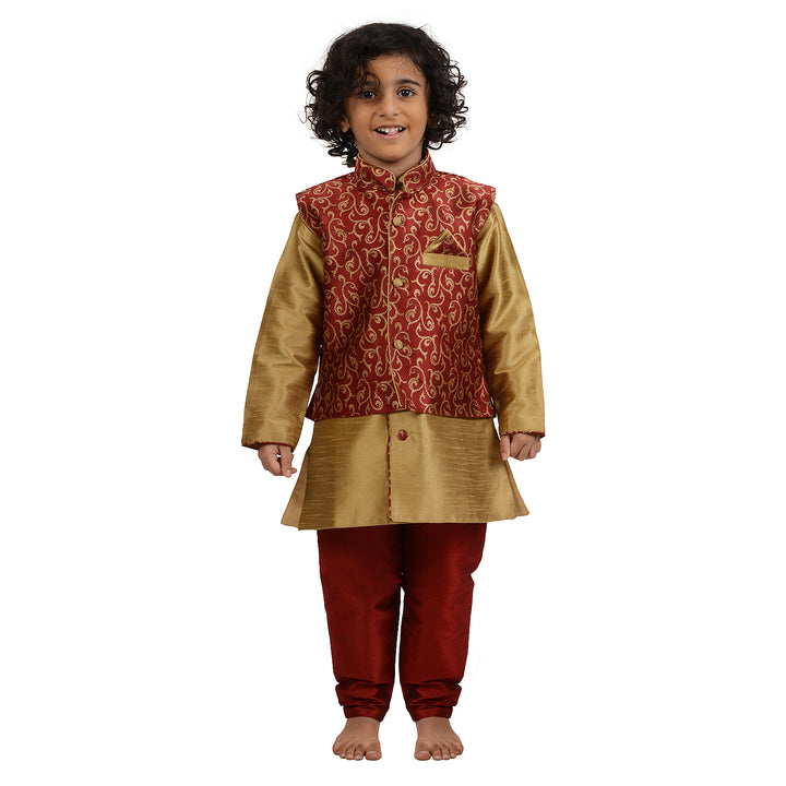 Art Silk Kurta with Brocade Jacket in Red for boys featuring golden kurta and red churidar, ideal for festive and traditional occasions.