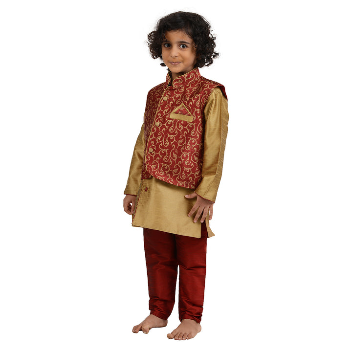 Side view of Boys Kurta Set with Art Silk Kurta and Red Brocade Jacket, perfect ethnic wear for weddings and celebrations.