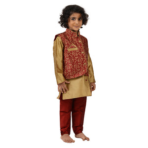 Kids Art Silk Kurta Pyjama and Brocade Jacket Set in Red for Boys [MSKKP020]