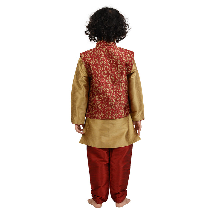 Back view of Art Silk Kurta with Red Brocade Jacket for boys, showcasing detailed brocade pattern and fine tailoring.