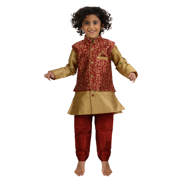 Joyful boy in Art Silk Kurta with Brocade Jacket in Red, a festive kurta set for traditional events and family gatherings.