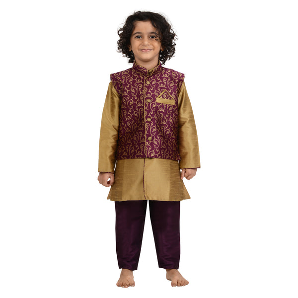 Art Silk Kurta with Brocade Jacket in Purple for boys featuring a golden kurta and purple pyjama, ideal for traditional occasions.