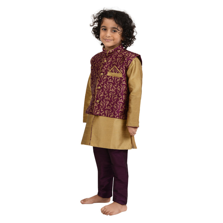 Side view of Kids Kurta Pyjama Set with brocade jacket in purple and gold, offering a stylish and comfortable ethnic look.