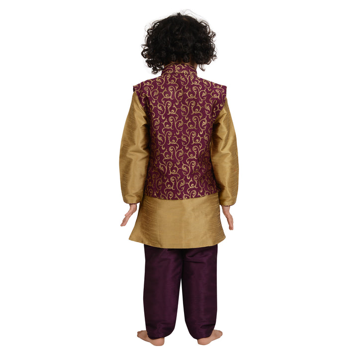 Back view of boys traditional kurta pyjama set with ornate purple brocade jacket and gold kurta, showcasing elegant ethnic design.