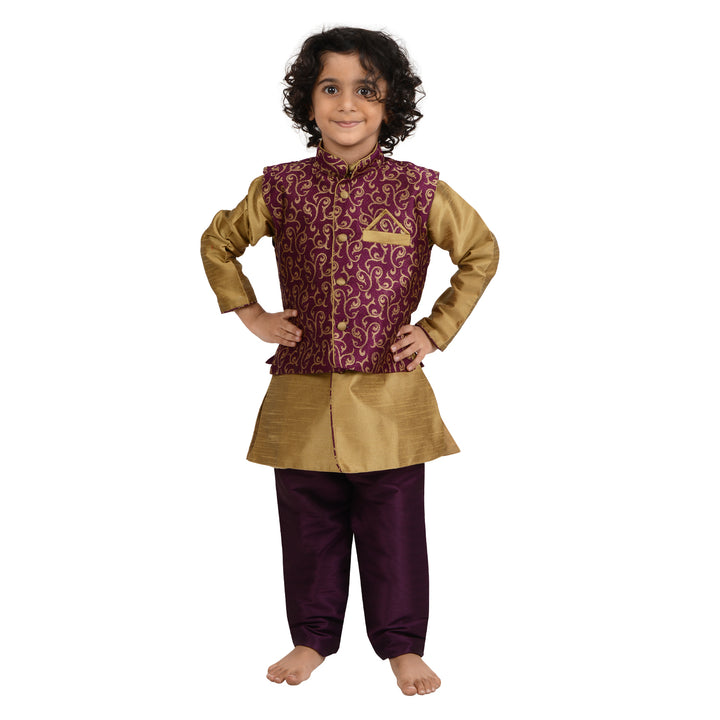 Kids traditional kurta set with purple brocade jacket and gold kurta, designed for comfort and festive elegance.