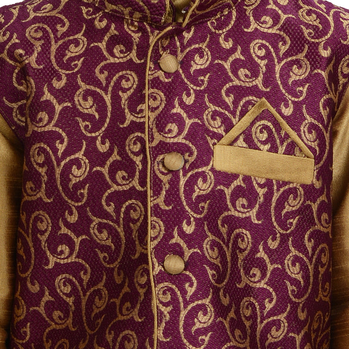 Close-up of brocade jacket detailing in purple and gold with button accents and pocket square, part of boys art silk kurta set.