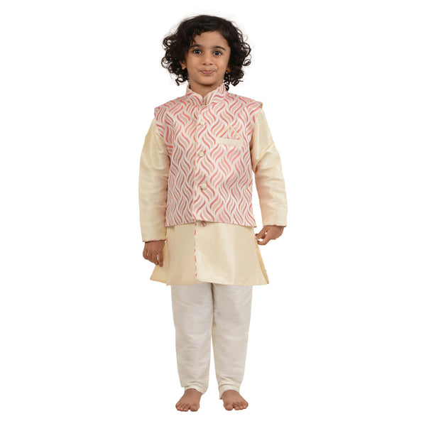 Art Silk Kurta with Red Jacket - Kids Cream Kurta featuring a cream full-sleeve kurta and red embroidered jacket, ideal for festive occasions.