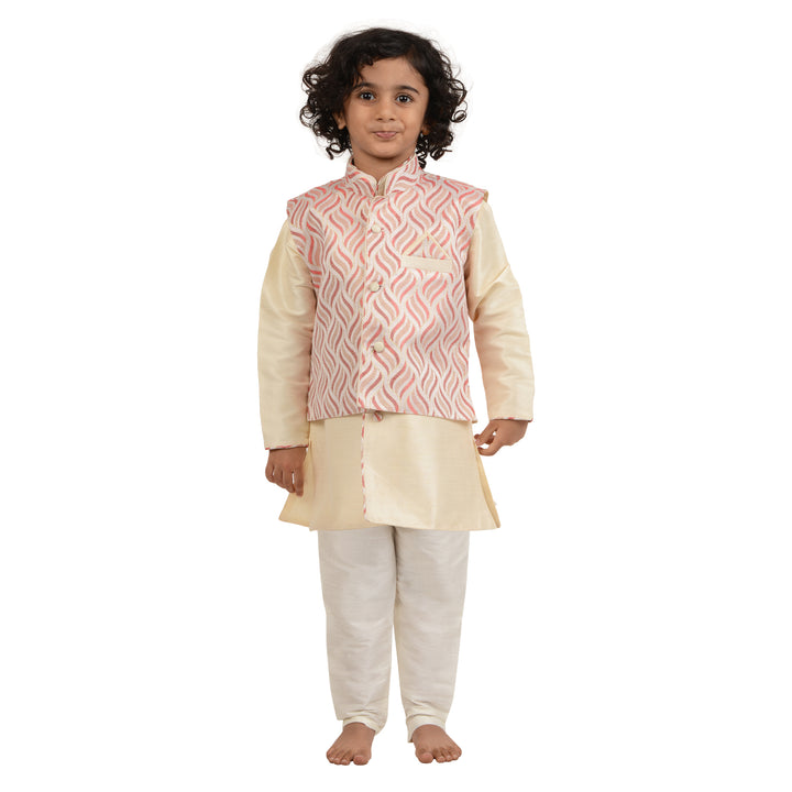 Art Silk Kurta with Red Jacket - Kids Cream Kurta featuring a cream full-sleeve kurta and red embroidered jacket, ideal for festive occasions.