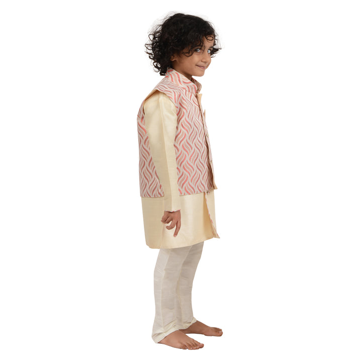 Kids Cream Kurta with Red Jacket in profile, highlighting the comfortable fit and festive embroidery for traditional celebrations.