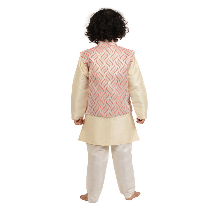 Back view of Art Silk Kurta with Red Jacket - Kids Cream Kurta, showing detailed red embroidery and soft cream fabric for boys.