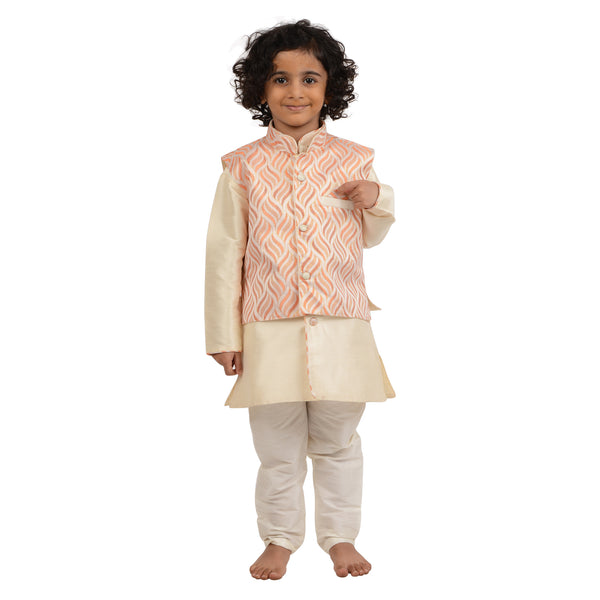 Art Silk Cream Kurta with Orange Embroidered Jacket