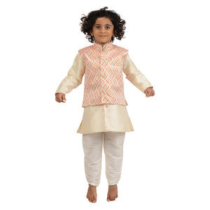 Kids Art Silk Cream Kurta Pyjama Set with Orange Embroidered Jacker for Boys [MSKKP023]
