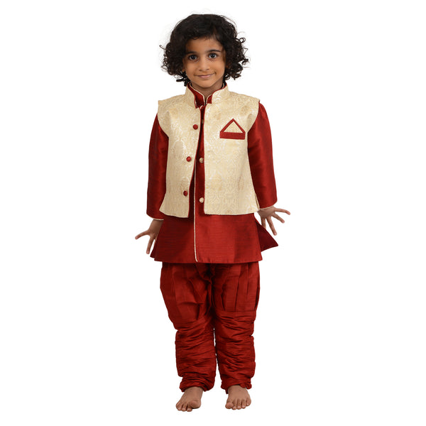 Art Silk Red Kurta Set for boys featuring a gold embroidered jacket, ideal for kids' traditional wear with cotton comfort and festive elegance.