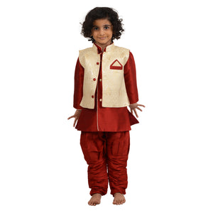 Maharaja Kids Art Silk Red Kurta Pyjama Set with Gold Jacket for Boys [MSKKP024]