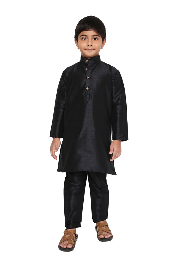 Kids Banarasi Kurta Set Online in black art silk with full sleeves and mandarin collar, perfect for festive and traditional occasions.