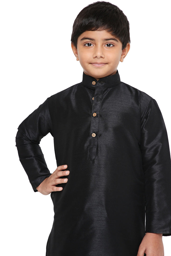 Close-up of black Banarasi art silk kurta for boys with wooden buttons and sleek finish, ideal for ethnic celebrations and events.