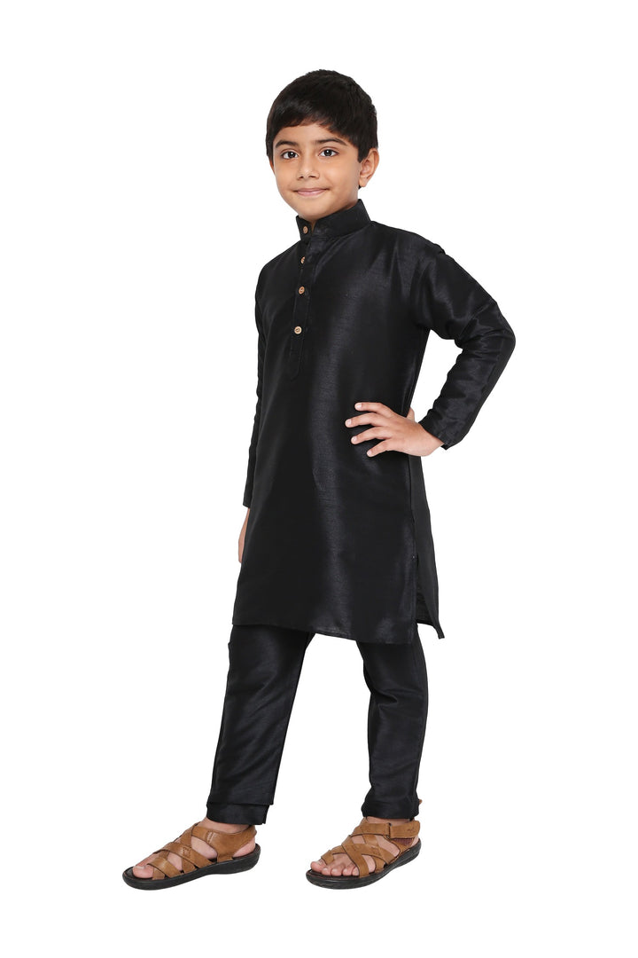 Affordable comfort boys black Banarasi silk kurta set with churidar pants, styled for traditional wear and festive gatherings.