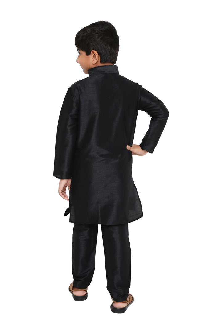 Back view of black Banarasi art silk kurta set for kids, showcasing smooth fabric and tailored fit for ceremonial wear.