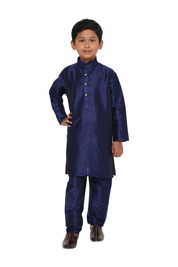 Kids Banarasi Silk Kurta Set in dark blue featuring a traditional design with long sleeves and matching pants, ideal for festive occasions.