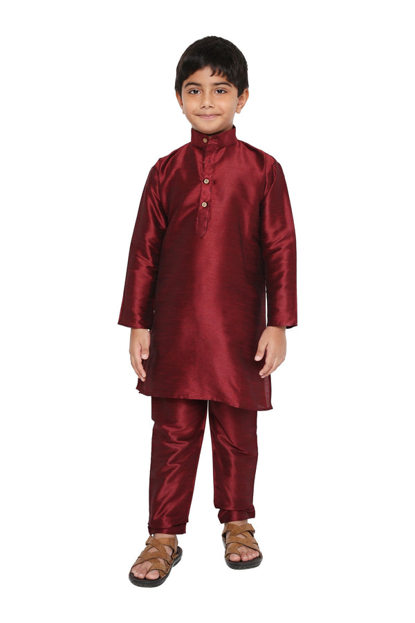 Banarasi Maroon Kurta Set - Kids Pyjama in art silk with full sleeves and buttoned placket, ideal for festive and traditional occasions.