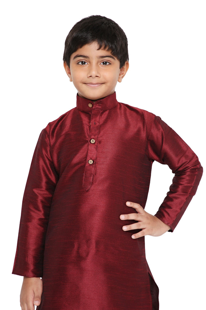 Close-up of Banarasi Maroon Kurta Set - Kids Pyjama showing fine silk texture and mandarin collar, perfect for cultural celebrations.