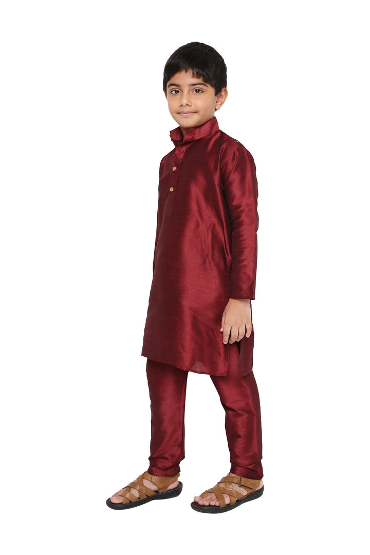 Side view of Banarasi Maroon Kurta Set - Kids Pyjama featuring elegant tailoring and comfortable fit for boys' ethnic wear.