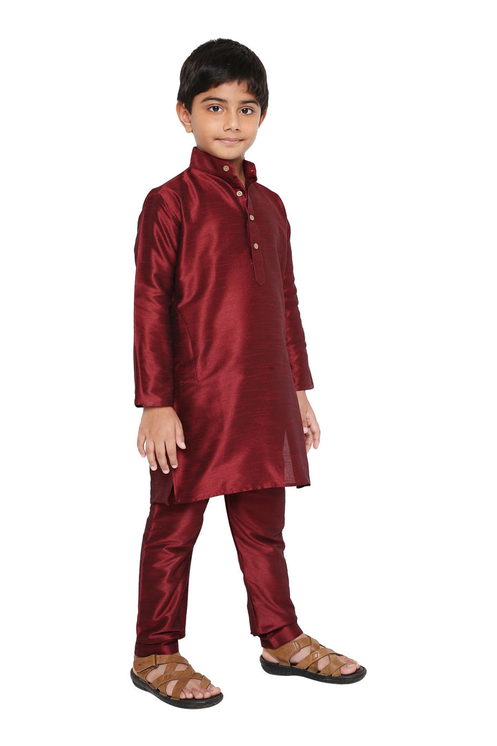 Angled front view of Banarasi Maroon Kurta Set - Kids Pyjama highlighting rich maroon color and traditional design for boys.