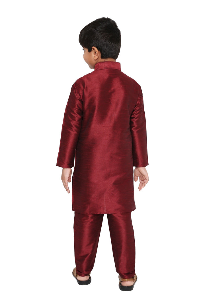 Back view of Banarasi Maroon Kurta Set - Kids Pyjama showing smooth finish and straight cut, suitable for festive wear.