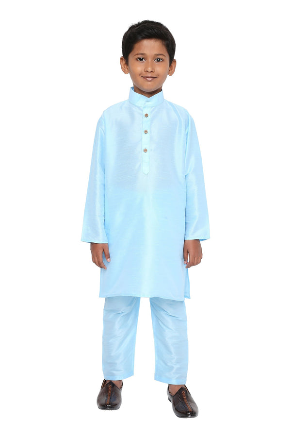 Blue Art Silk Kurta - Kids Pyjama Set featuring a boy in a full front view wearing a traditional blue kurta with matching pants, ideal for festive wear.