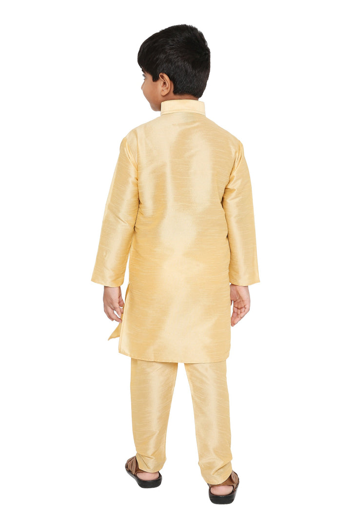 Back view of Maharaja Kids Kurta Pyjama Set in beige, showing the smooth finish and classic cut of the traditional boys outfit.