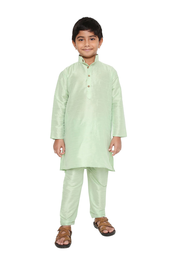 Green Banarasi Kurta Set for boys featuring a full-sleeve kurta and matching pyjama, ideal for festive and traditional occasions.