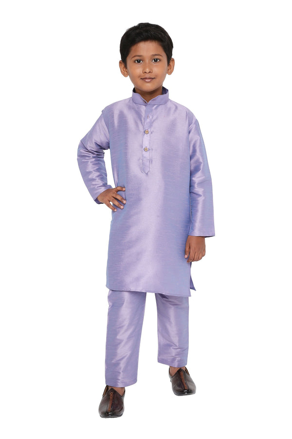 Lilac Banarasi kids kurta set made of art silk, featuring a straight-cut design with full sleeves and buttoned placket, ideal for festive wear.