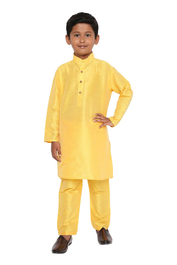 Yellow Banarasi Art Silk Kurta Set for boys featuring a straight-cut kurta with wooden buttons and matching churidar, ideal for festive wear.