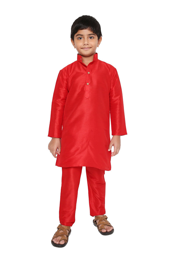 Kids Red Art Silk Kurta Set - Banarasi Style with full sleeves and matching pyjama, ideal for festive and traditional occasions.