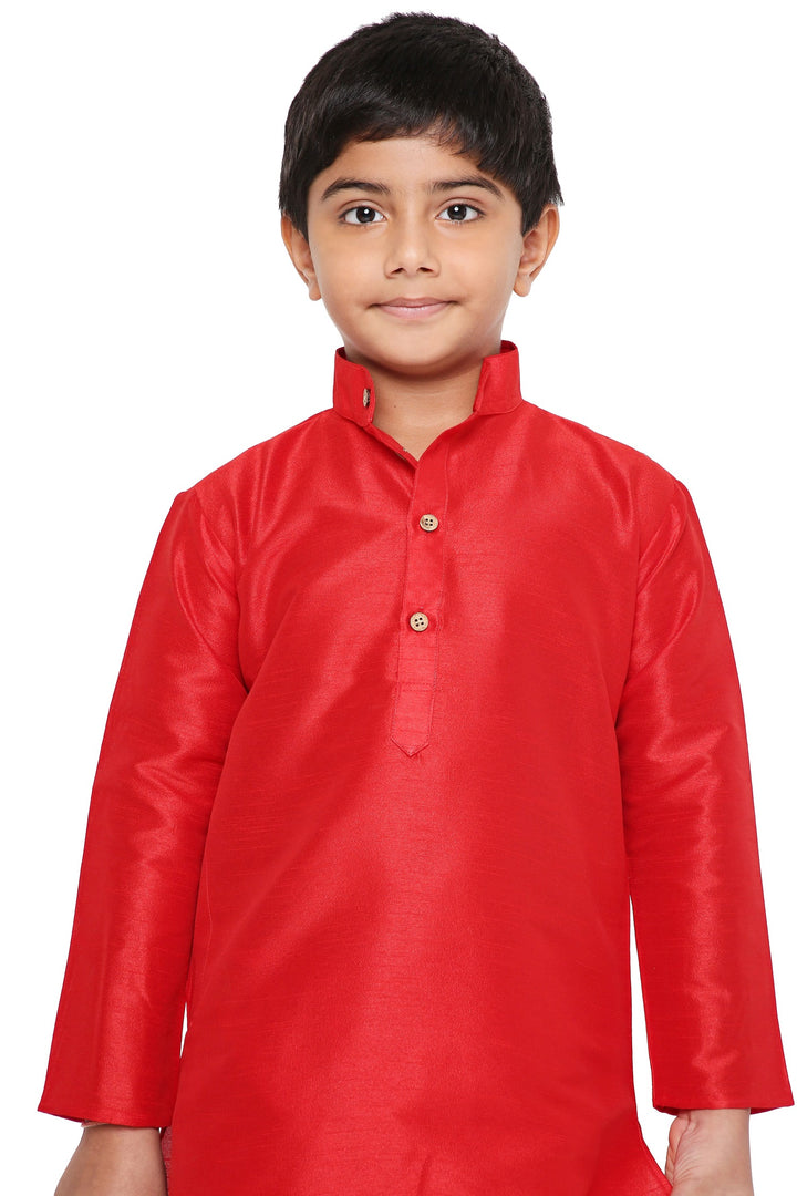 Close-up of Kids Red Art Silk Kurta Set - Banarasi Style showcasing mandarin collar and button placket for a refined ethnic look.
